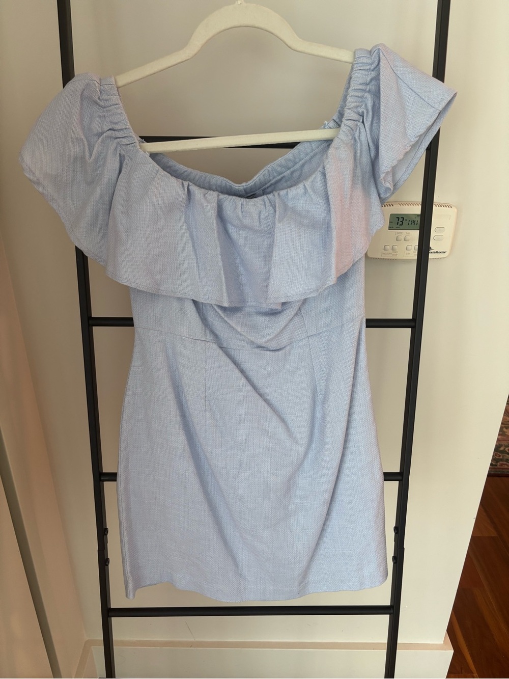 Little Lies Off-Shoulder Light Blue Ruffle Mini Dress